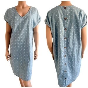 Old Navy Blue Polka Dot Chambray Button Back Shift Dress Pockets Sz L